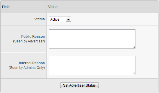 Changing an Advertiser's Status in Offerit