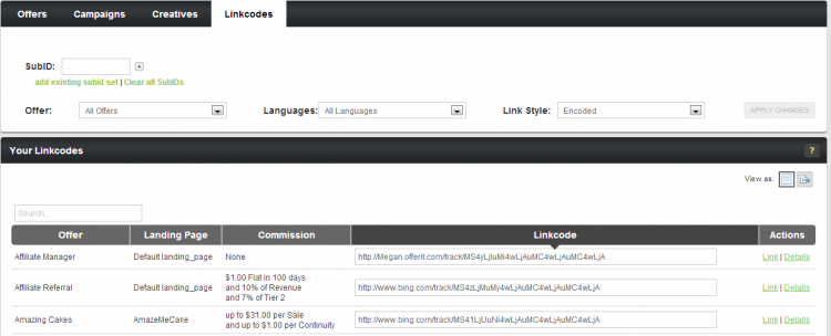 Viewing Your Affiliate Linkcodes
