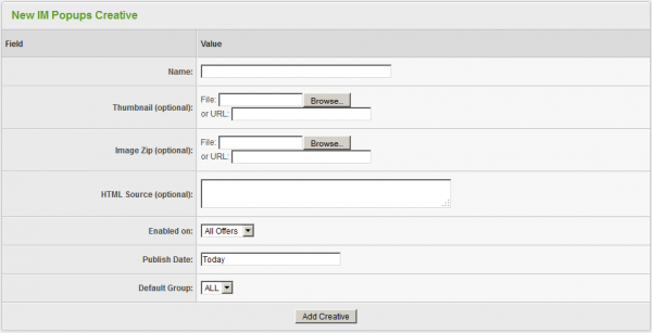 Adding a new IM Popups creative